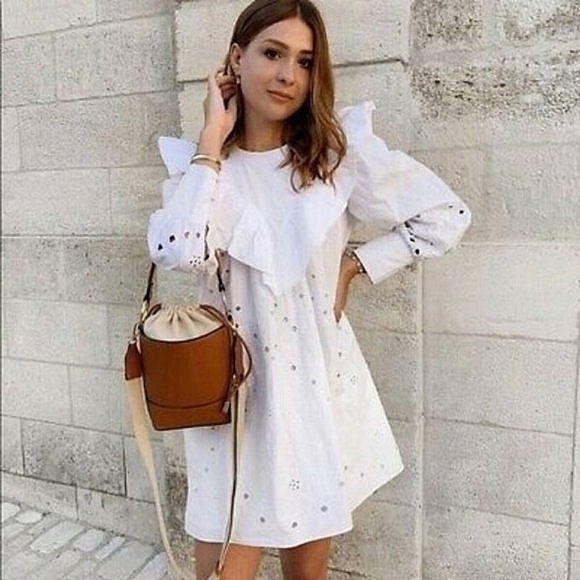 Zara Dresses & Skirts - Zara White Cutwork Embroidery Long Sleeve Eyelet Oversized Ruffled Dress NWT